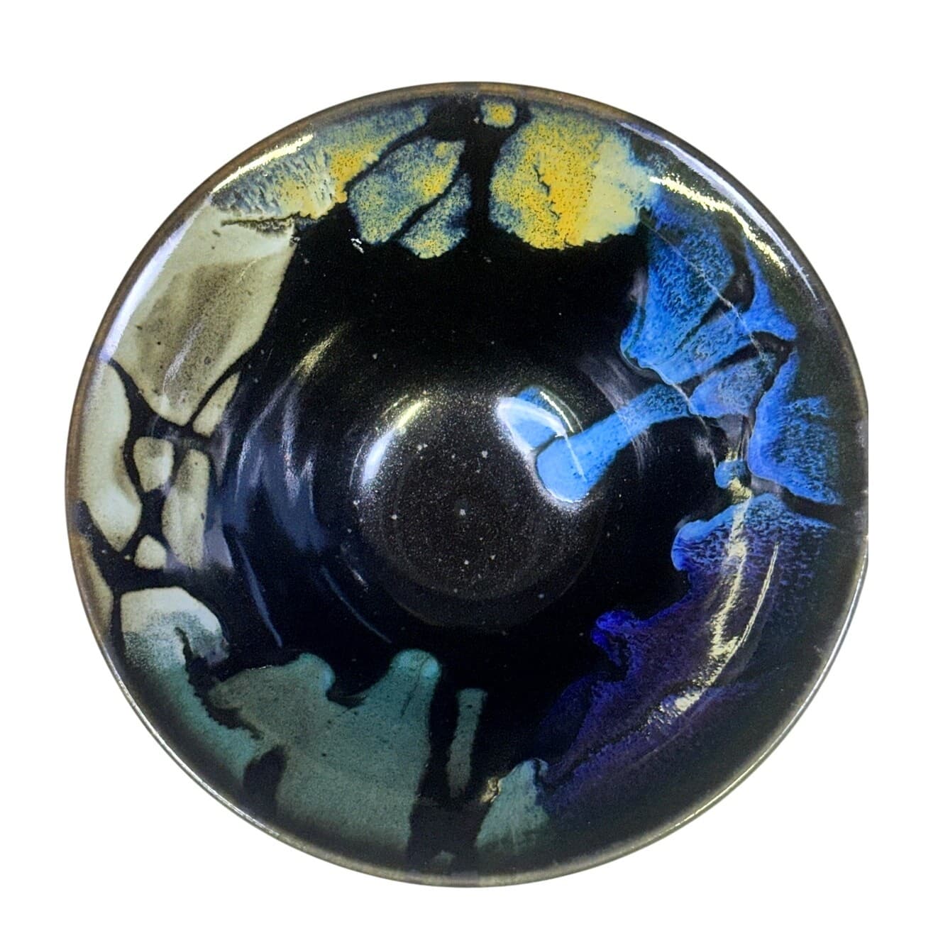 Studio Signed Hand Thrown Art Pottery 7" Bowl with Blue Green Gold Drip Glaze - Thumbnail 2