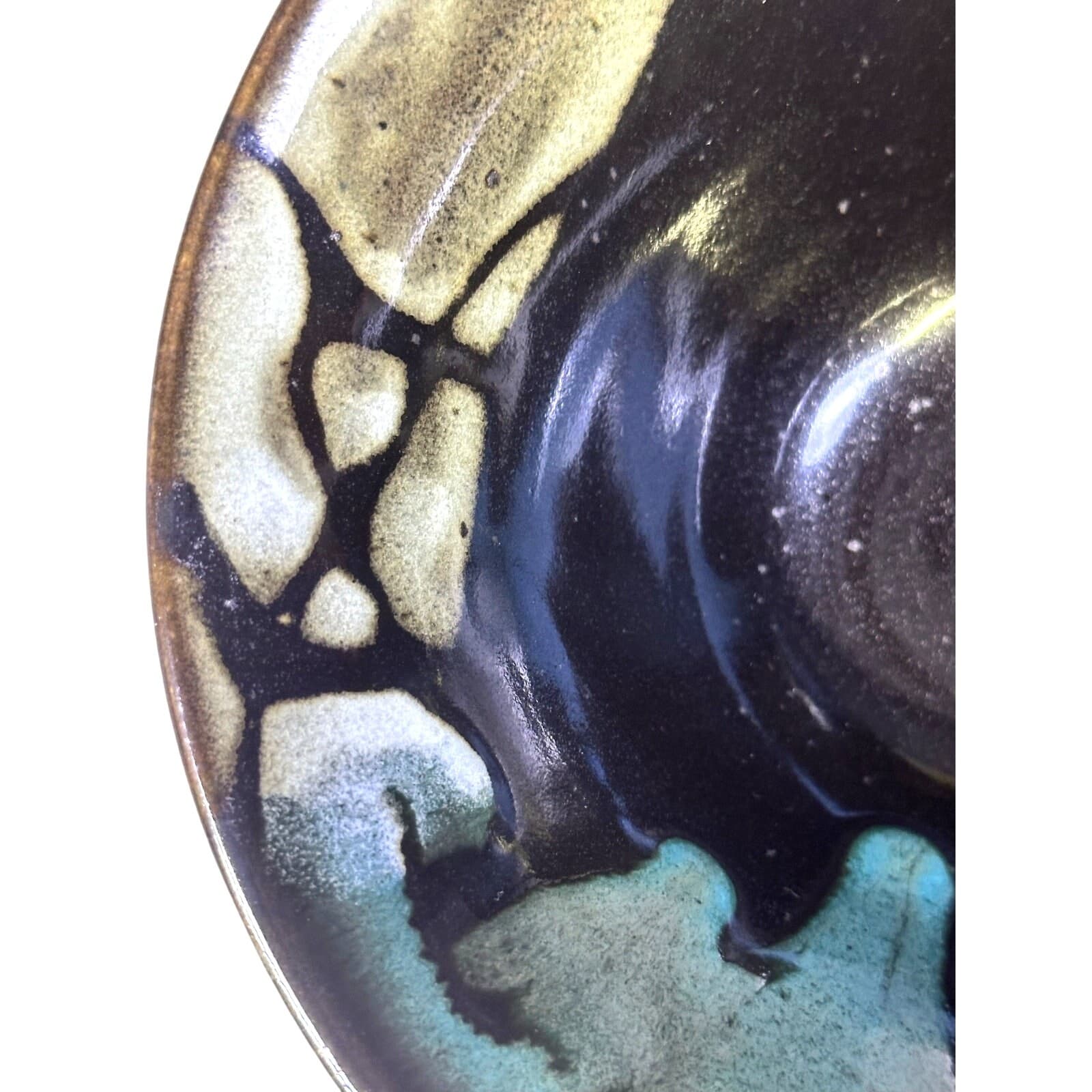 Studio Signed Hand Thrown Art Pottery 7" Bowl with Blue Green Gold Drip Glaze - Thumbnail 5