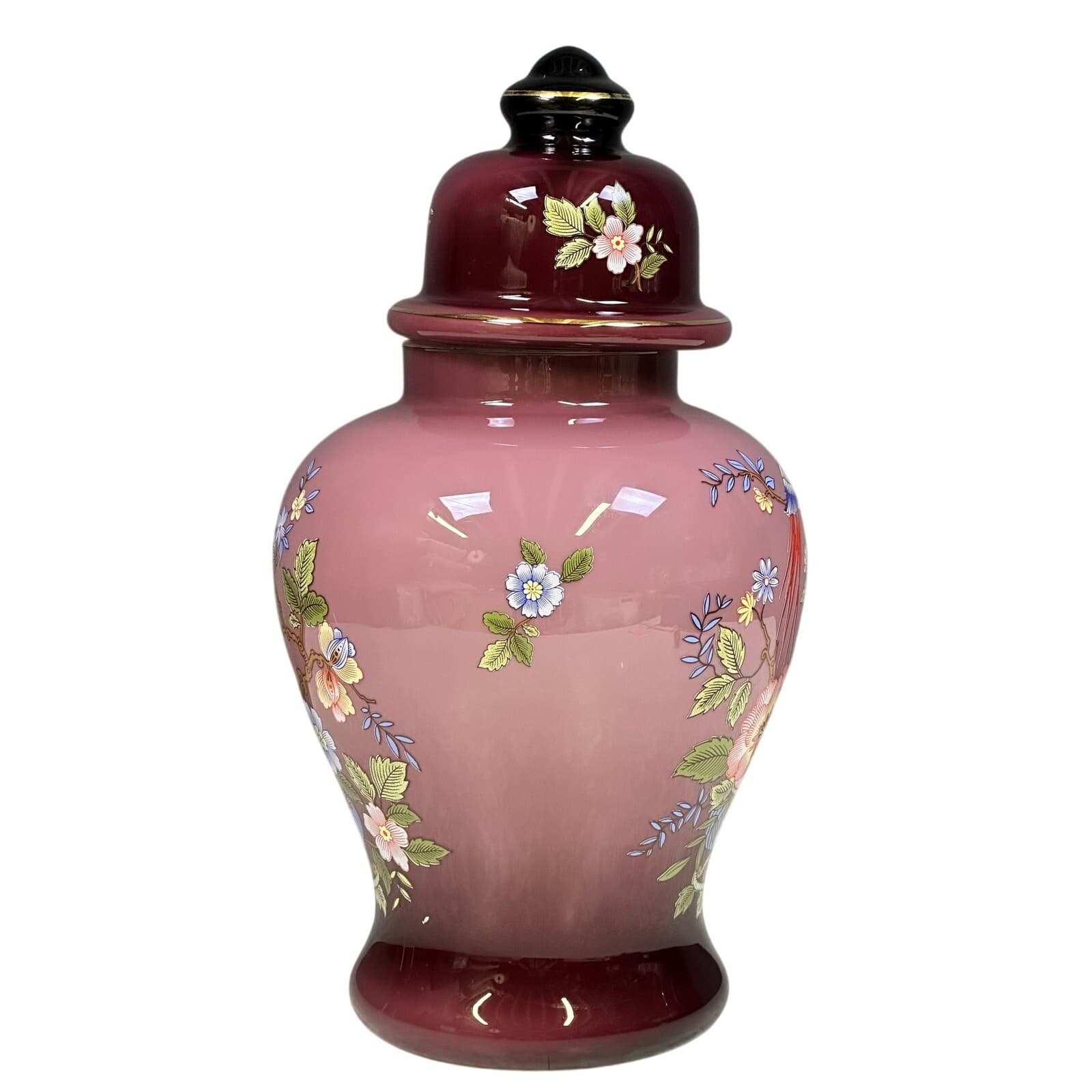 Ardalt Italy Lavender 16" Hand Painted Peacock Floral Glass Ginger Jar w/Lid - Thumbnail 2