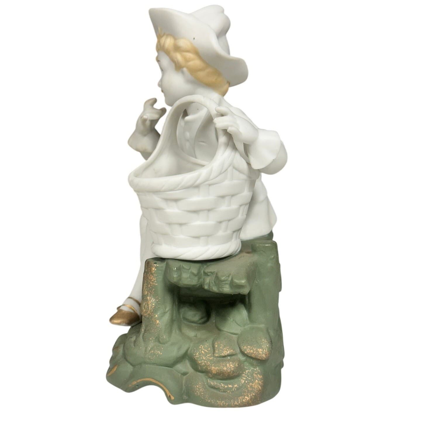 Ucago Ceramics Japan Vintage Bisque 7" Porcelain Figurine 'Boy with a Basket' - Thumbnail 2