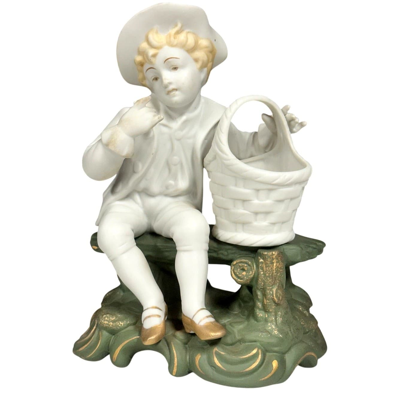 Ucago Ceramics Japan Vintage Bisque 7" Porcelain Figurine 'Boy with a Basket'