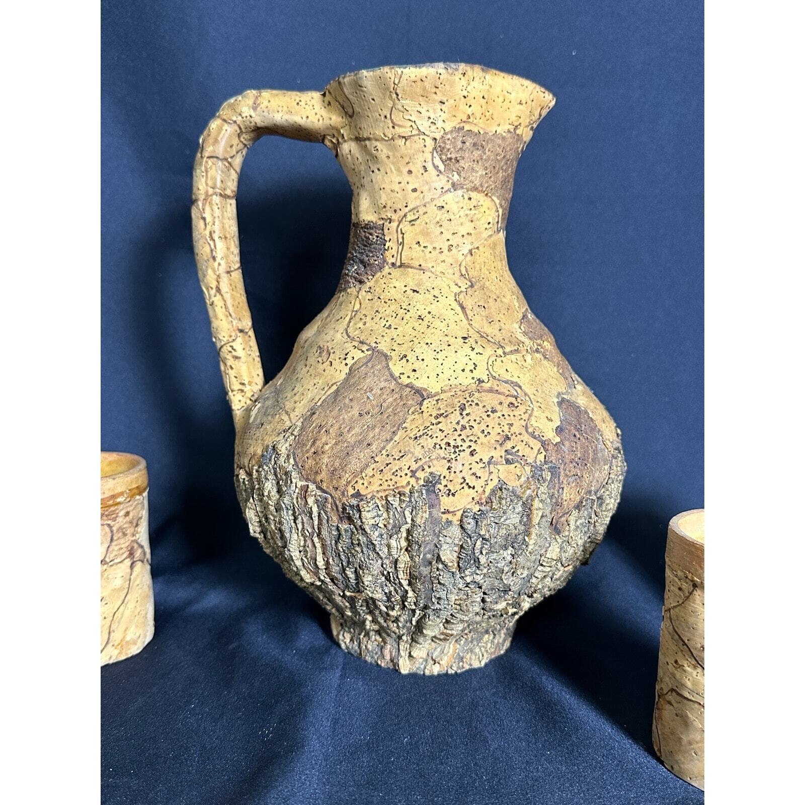 Italian Vintage Cork Bark Covered Pottery Pitcher w/5 Matching Cups-Very Rare! - Thumbnail 3