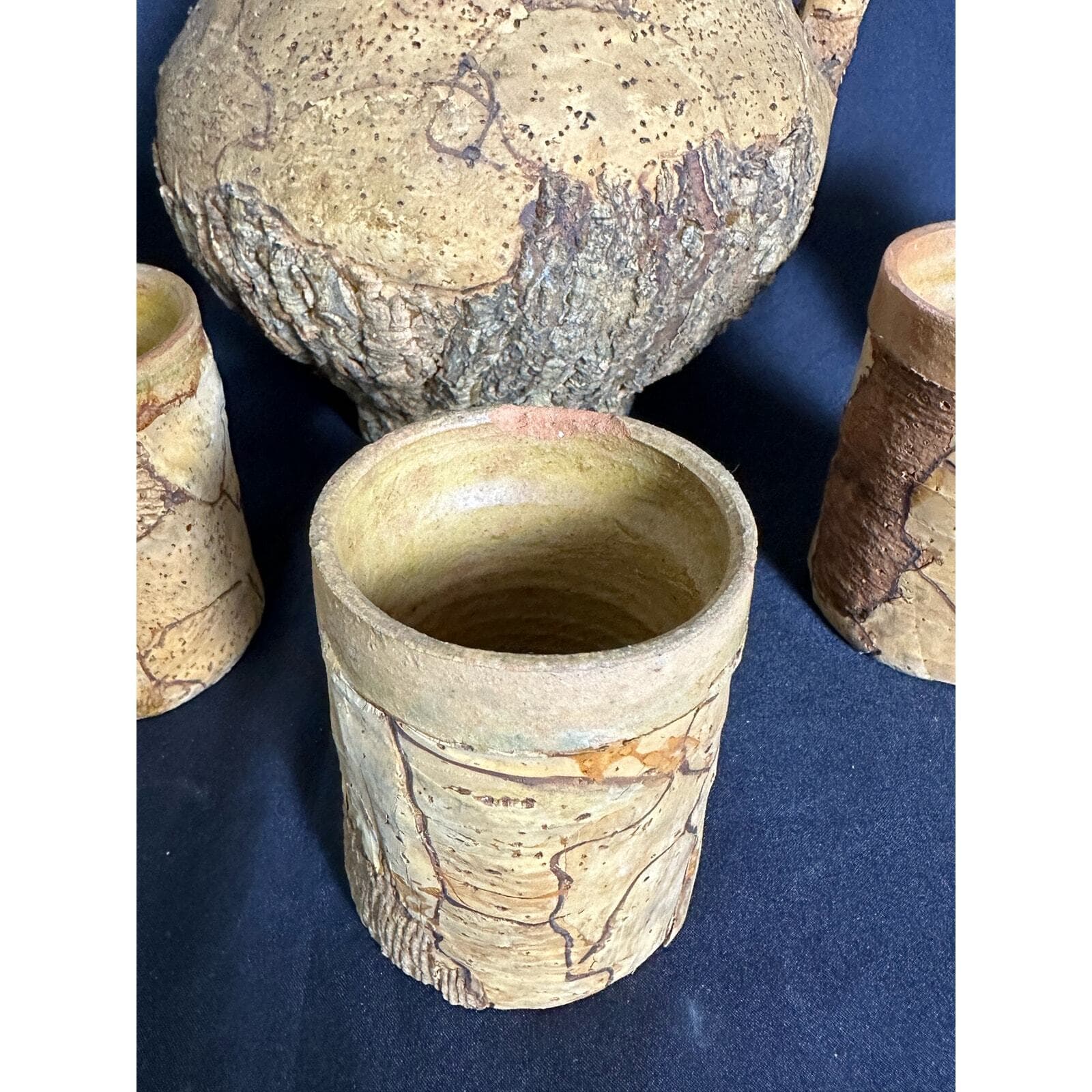 Italian Vintage Cork Bark Covered Pottery Pitcher w/5 Matching Cups-Very Rare! - Thumbnail 6