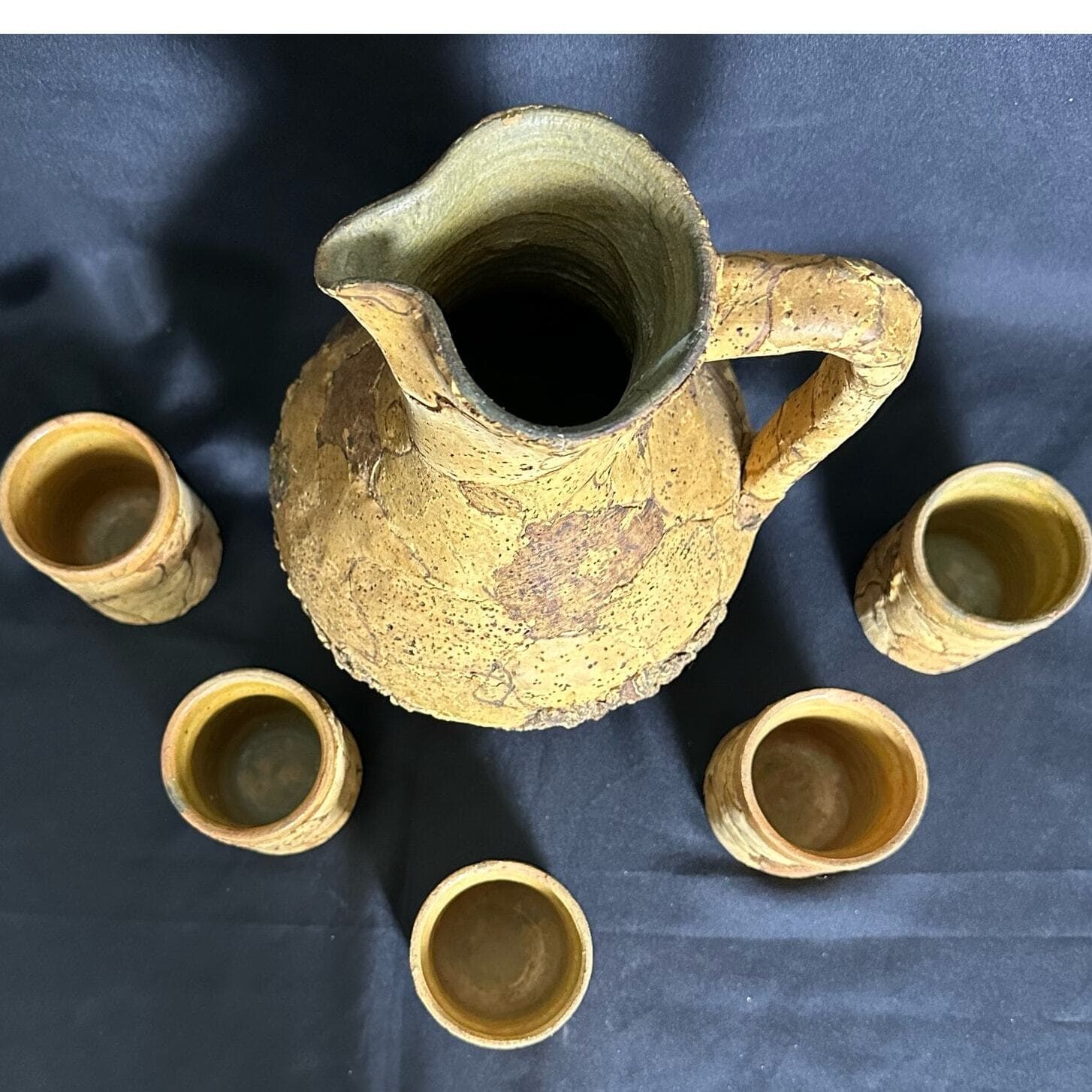 Italian Vintage Cork Bark Covered Pottery Pitcher w/5 Matching Cups-Very Rare! - Thumbnail 2
