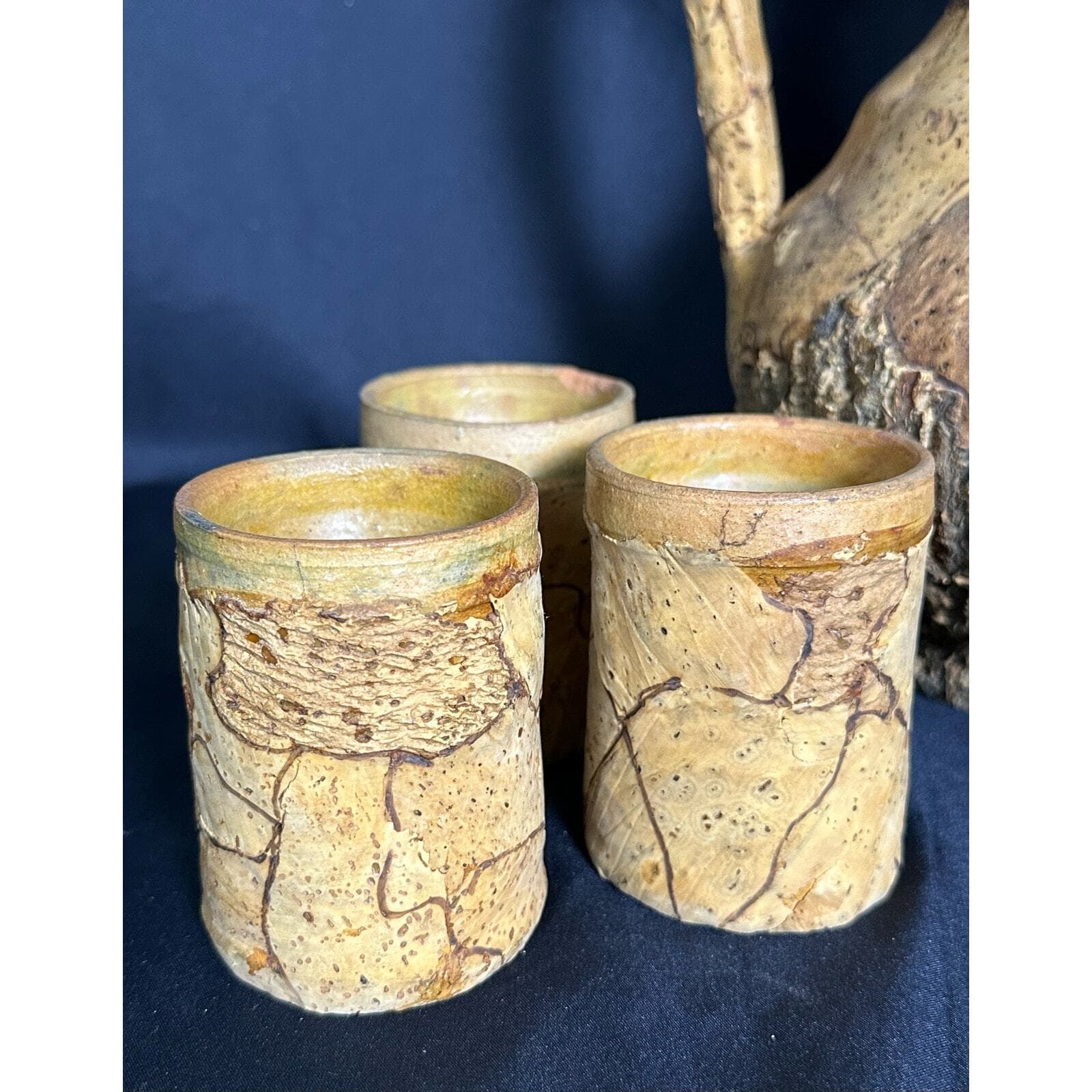 Italian Vintage Cork Bark Covered Pottery Pitcher w/5 Matching Cups-Very Rare! - Thumbnail 5