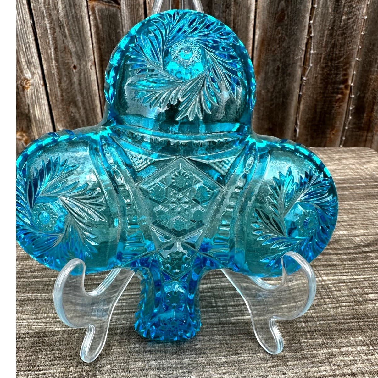 Kemple Glass Aqua Blue Sawtooth Pinwheel Lucky Clover Leaf Candy Trinket Dish - Thumbnail 6