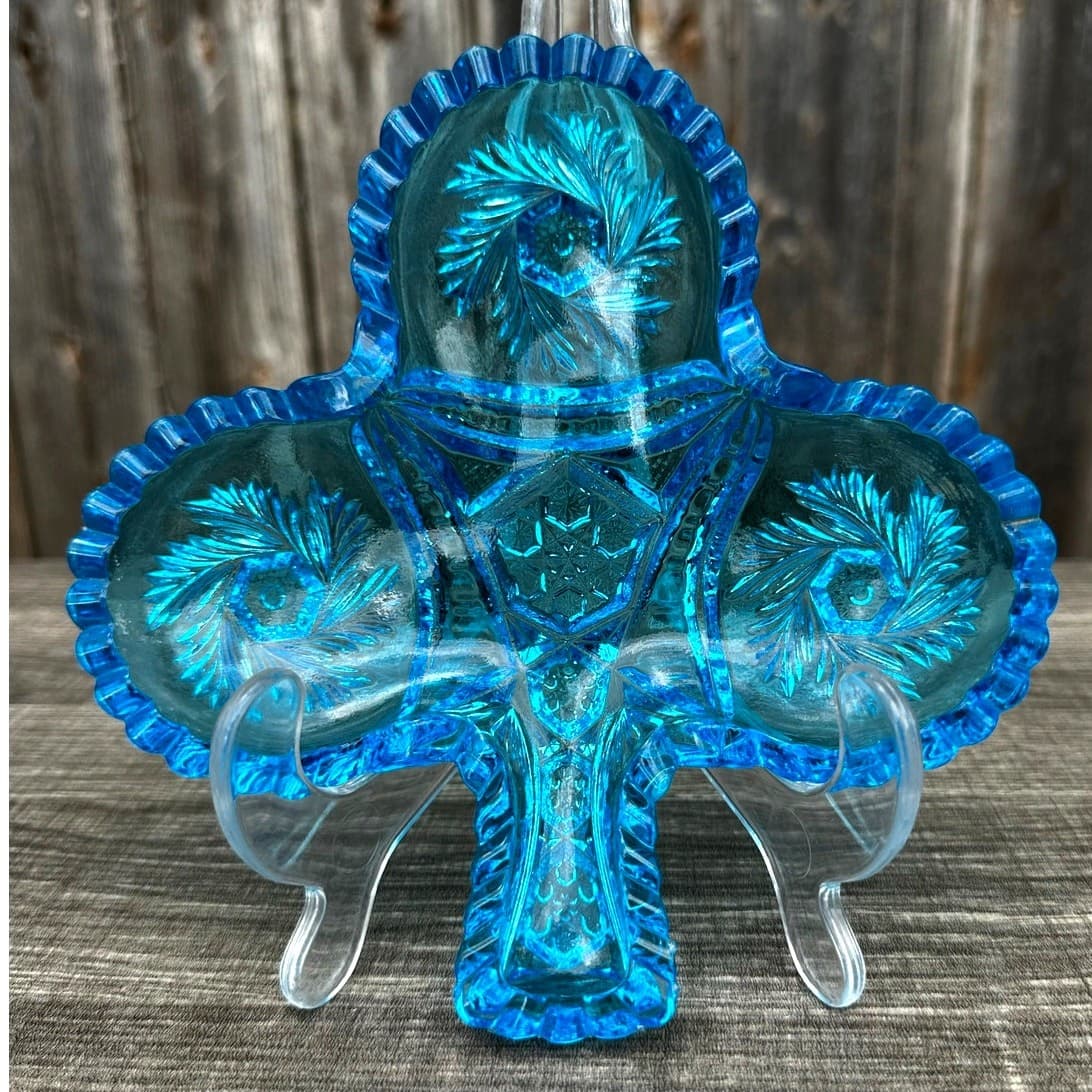 Kemple Glass Aqua Blue Sawtooth Pinwheel Lucky Clover Leaf Candy Trinket Dish - Thumbnail 4