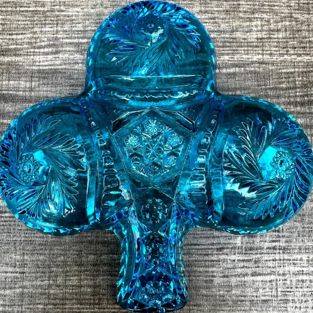 Kemple Glass Aqua Blue Sawtooth Pinwheel Lucky Clover Leaf Candy Trinket Dish - Thumbnail 5