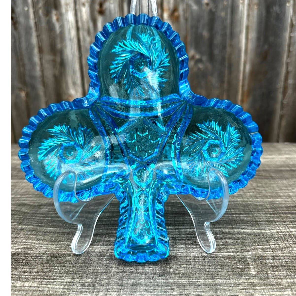 Kemple Glass Aqua Blue Sawtooth Pinwheel Lucky Clover Leaf Candy Trinket Dish