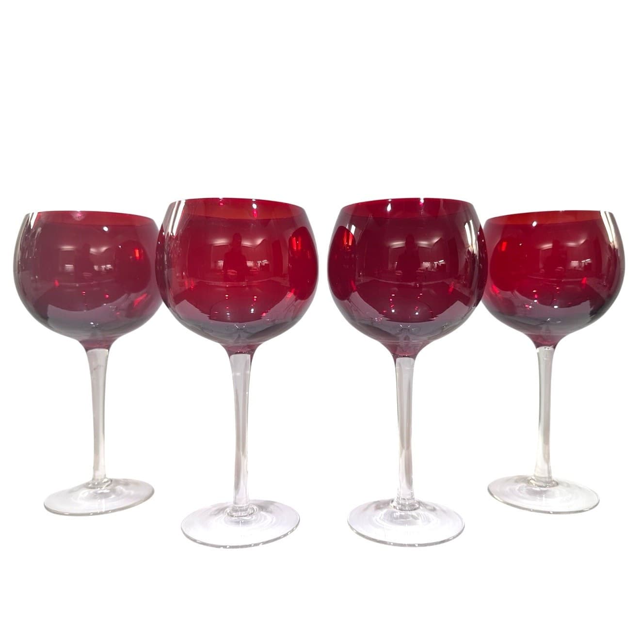 Ruby Red Elegant Balloon Wine Glasses Goblets with Clear Stem-Set of 4 - Thumbnail 3