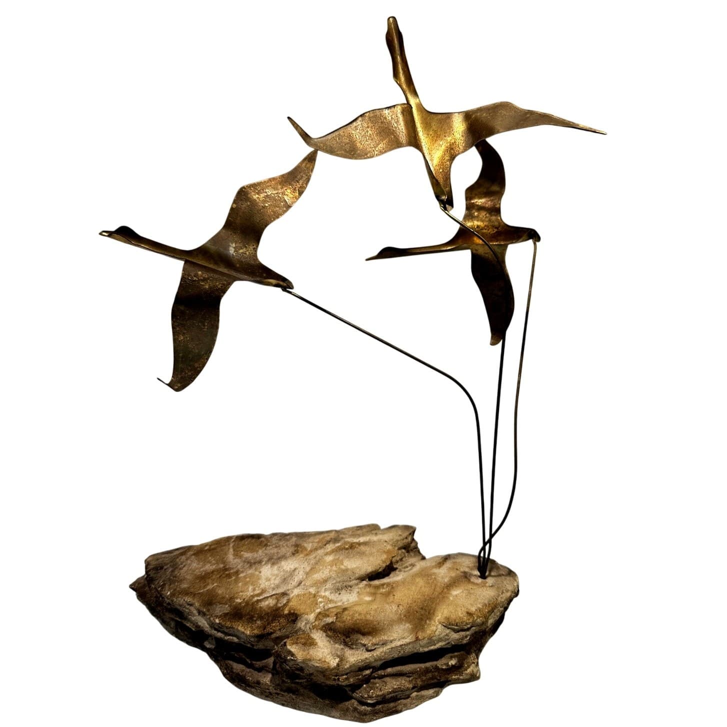 Vintage Mid Century Modern Brass Flying Geese Sculpture Natural Stone Base 13.25 - Thumbnail 3