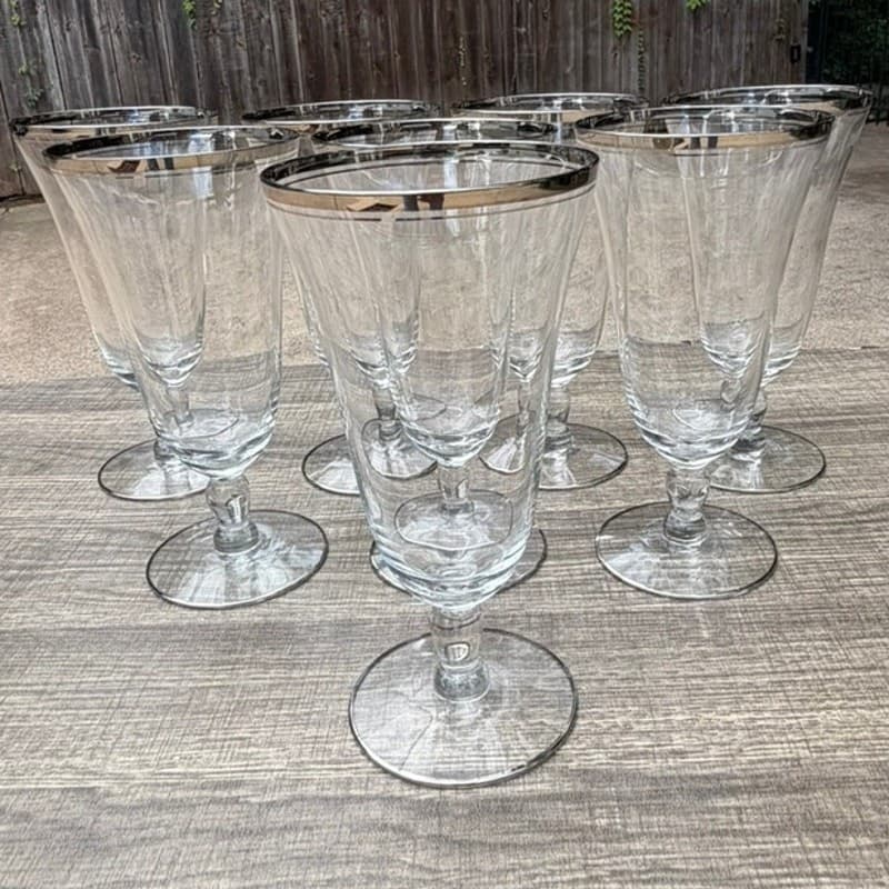 Glastonbury 'Lotus' Vintage 7" Iced Tea Glasses-Platinum Rim+Accent-Set of 8