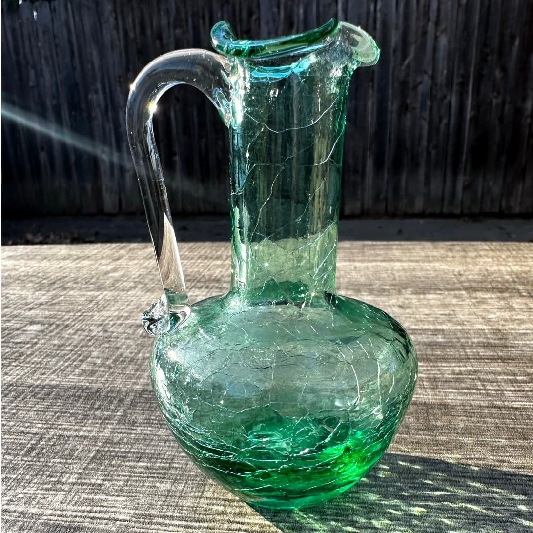 Miniature Green Pilgrim Hand Blown Crackle Glass Clear Handled 5" Pitcher - Thumbnail 6