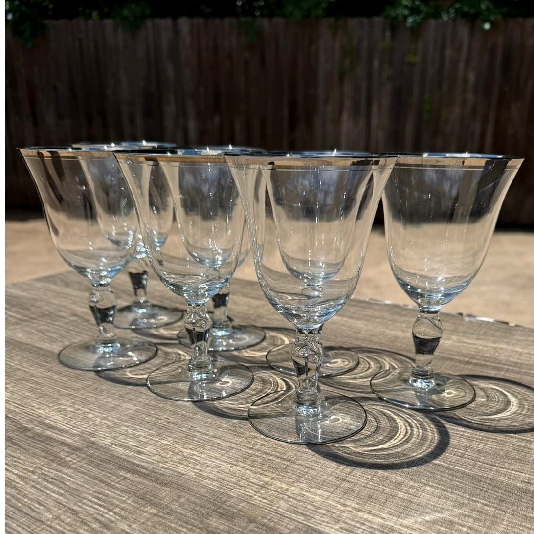 Glastonbury 'Lotus' Vintage 6" Wine Glasses-Platinum Rim-Set of 7 - Thumbnail 3