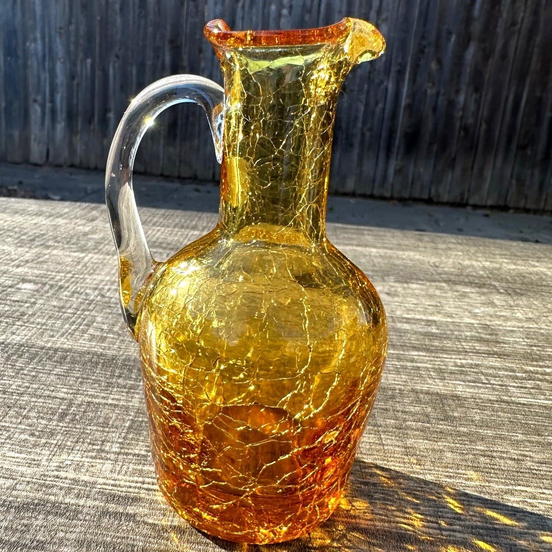 Miniature Amber Pilgrim Hand Blown Crackle Glass Clear Handled 5" Pitcher - Thumbnail 2