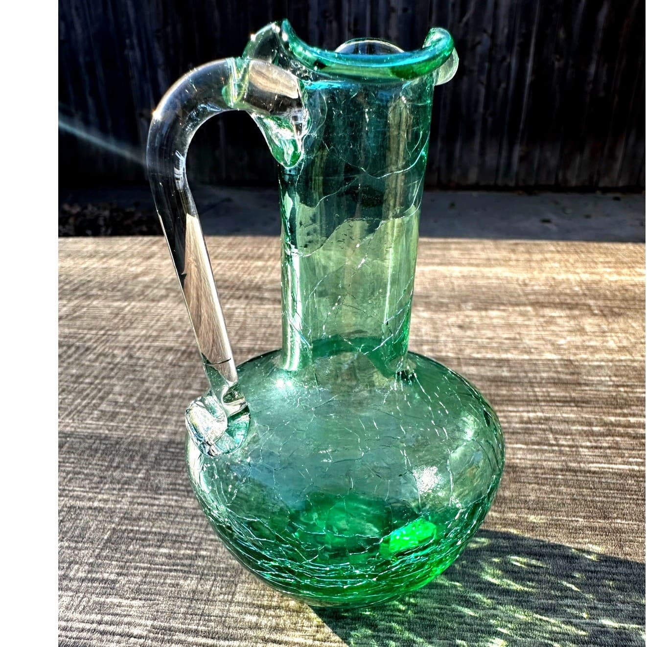 Miniature Green Pilgrim Hand Blown Crackle Glass Clear Handled 5" Pitcher - Thumbnail 5