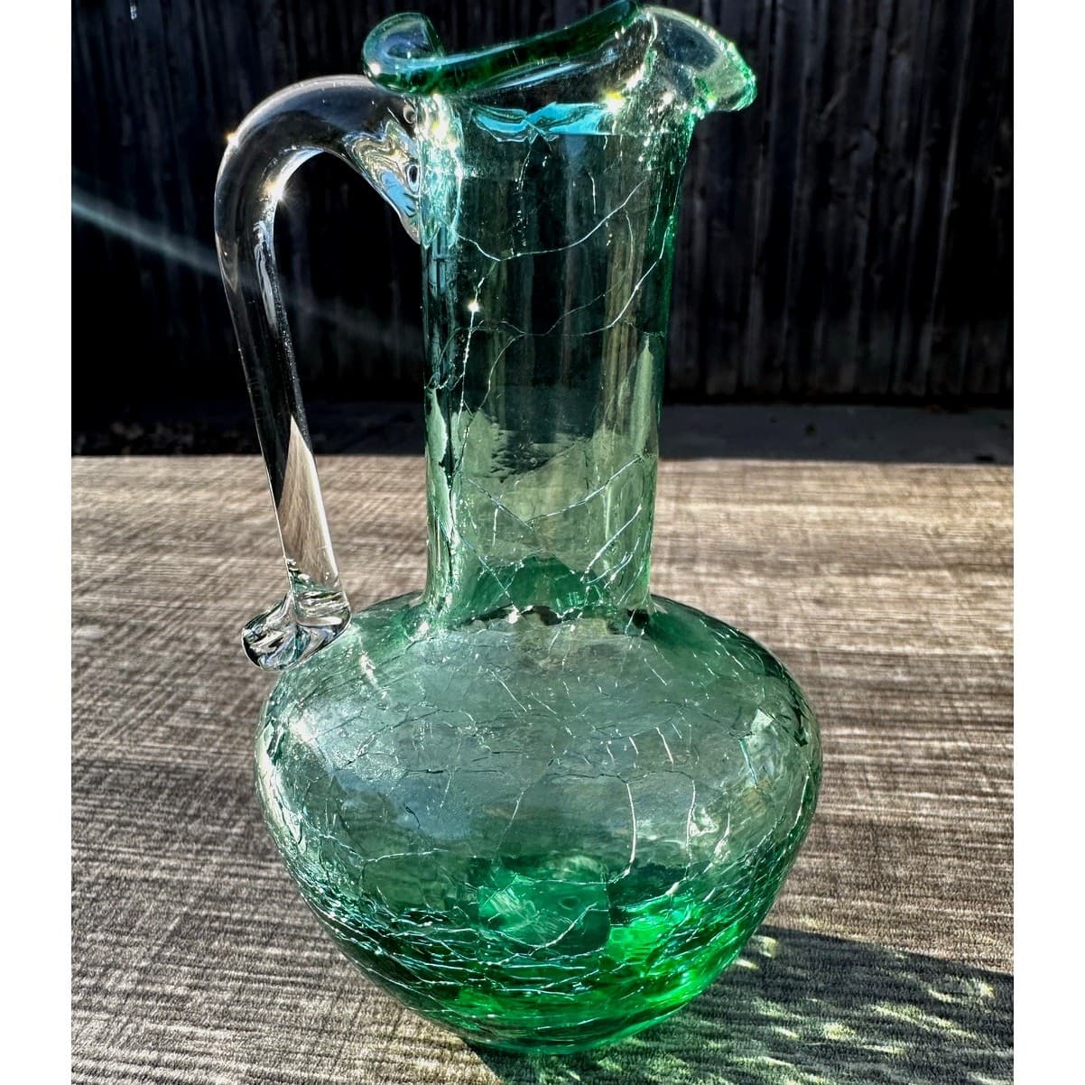 Miniature Green Pilgrim Hand Blown Crackle Glass Clear Handled 5" Pitcher - Thumbnail 3