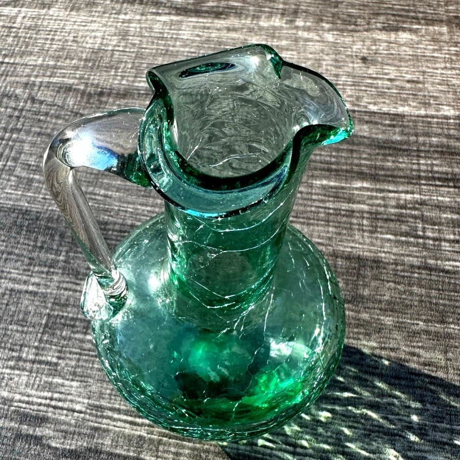 Miniature Green Pilgrim Hand Blown Crackle Glass Clear Handled 5" Pitcher - Thumbnail 2