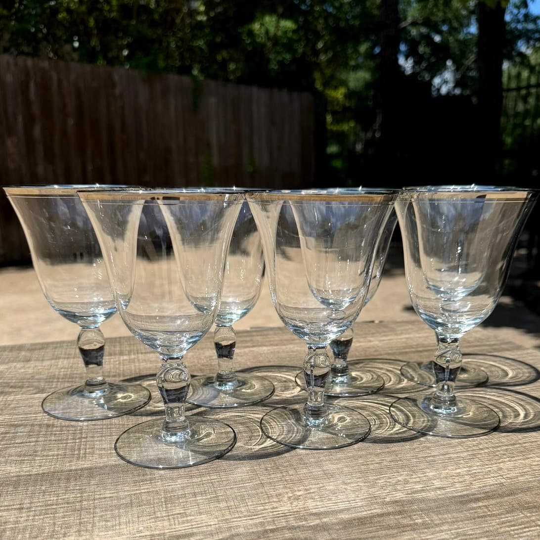 Glastonbury 'Lotus' Vintage 6" Wine Glasses-Platinum Rim-Set of 7 - Thumbnail 8