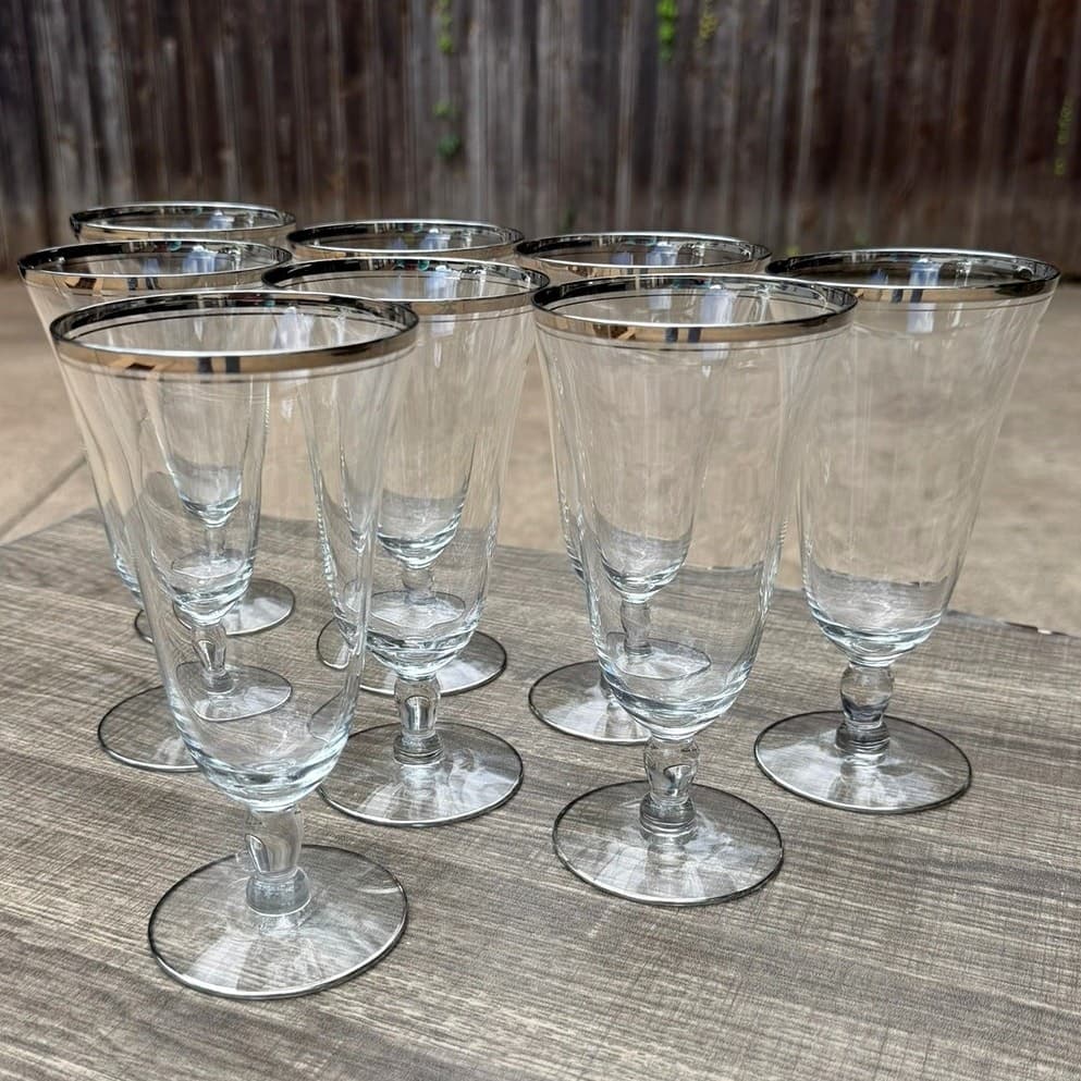 Glastonbury 'Lotus' Vintage 7" Iced Tea Glasses-Platinum Rim+Accent-Set of 8 - Thumbnail 8