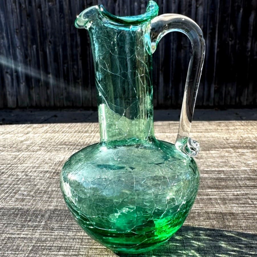 Miniature Green Pilgrim Hand Blown Crackle Glass Clear Handled 5" Pitcher