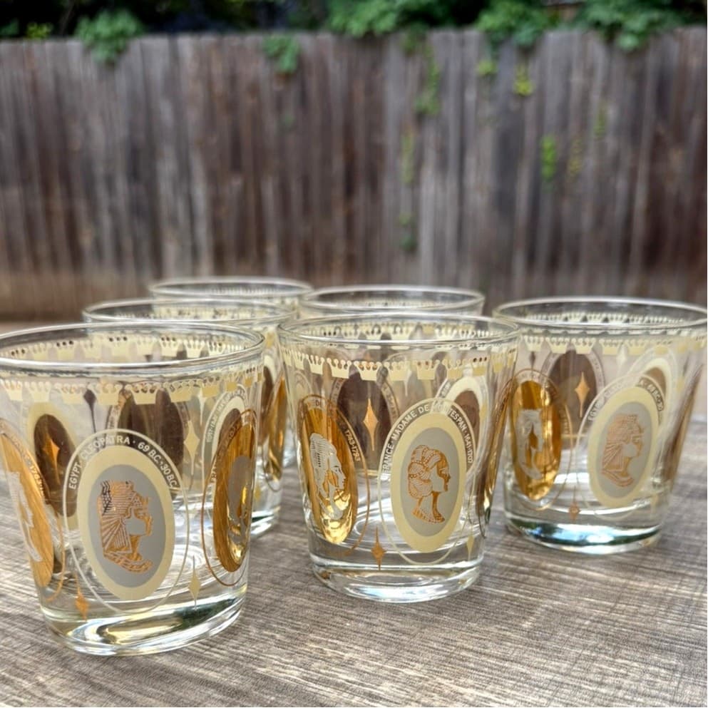 Gold Accented Mid-Century Women of Royalty Whiskey Rocks Cocktail Glass-Set of 6 - Thumbnail 4