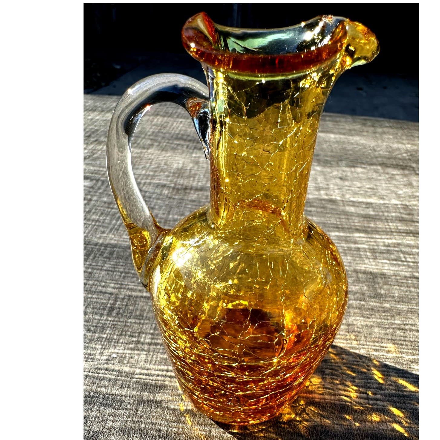 Miniature Amber Pilgrim Hand Blown Crackle Glass Clear Handled 5" Pitcher - Thumbnail 4