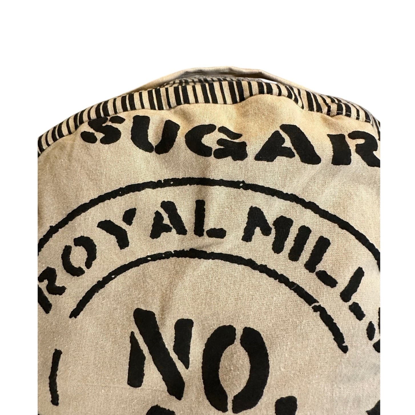 'Sugar Sack' Unique 18" Round x 8.5" Vintage Beige/Black Throw Pillow w/Handle - Thumbnail 2