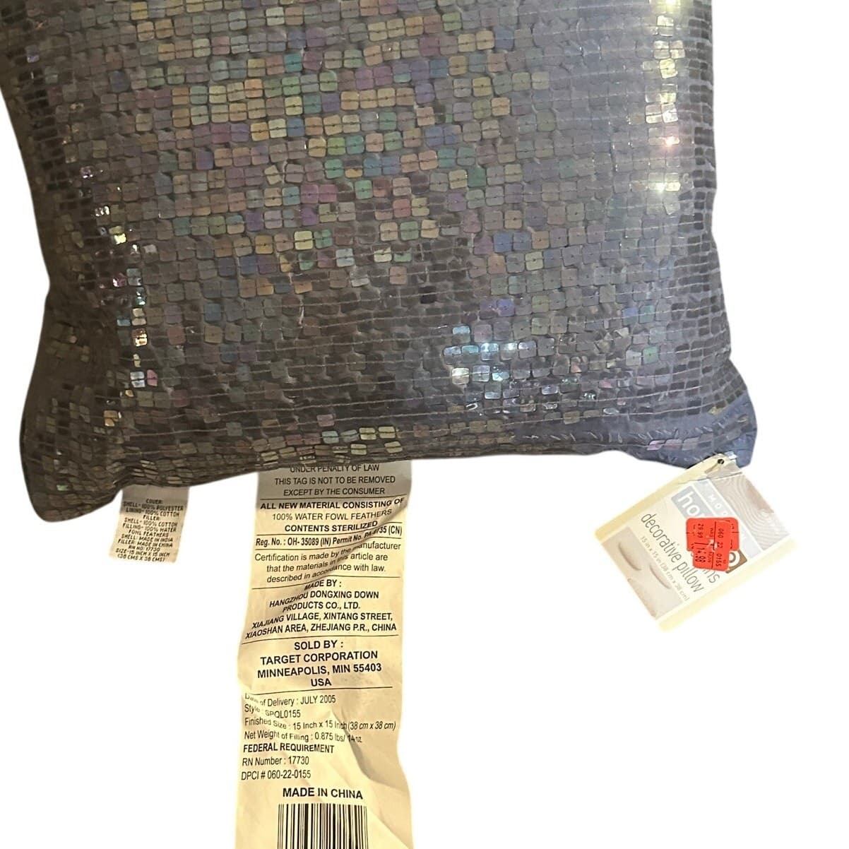 Modern Home 2005 Vintage Sequins 15" Lavender Square Pillow New w/Tag - Thumbnail 5
