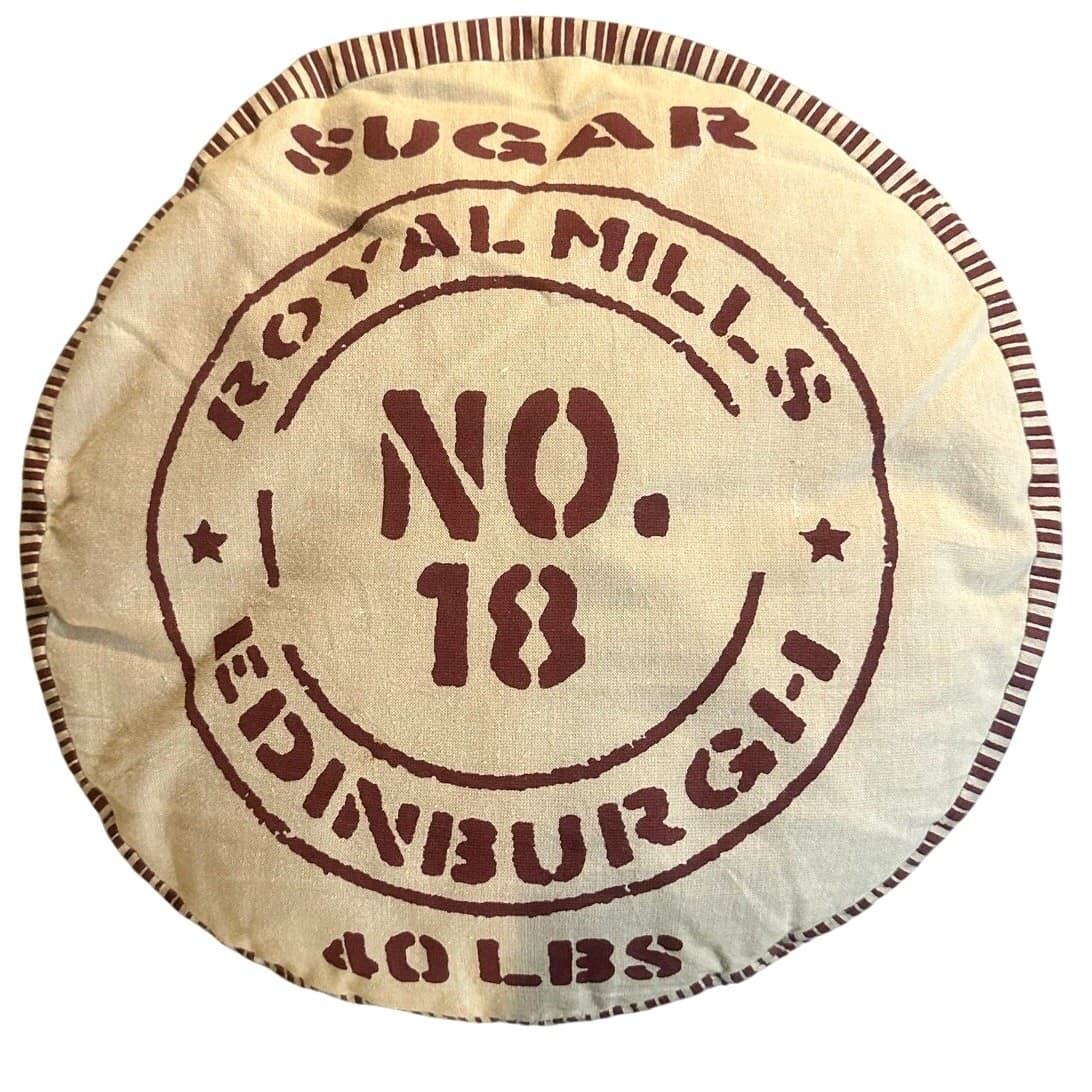 'Sugar Sack' Unique 18" Round x 8.5" Vintage Beige/Rust Throw Pillow w/Handle