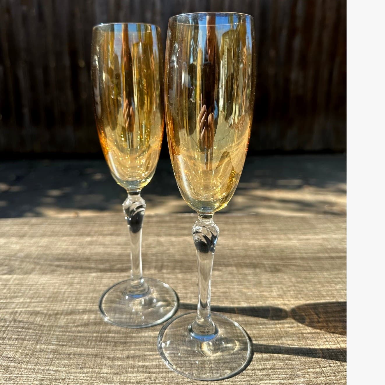Colony 'Bijoux Amber' Bohemian Iridescent Champagne Flute Clear Stem-Set of 2