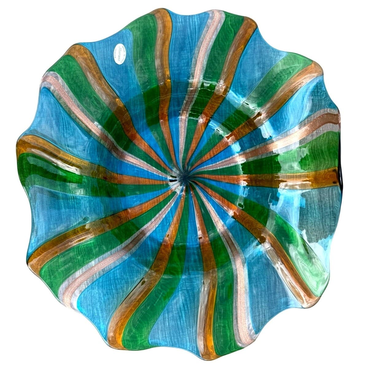 Murano Venezia Vintage ArtGlass Centerpiece Bowl Aqua Green Aventurine 14" Italy - Thumbnail 4