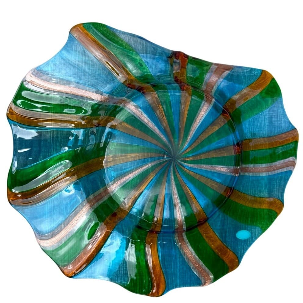 Murano Venezia Vintage ArtGlass Centerpiece Bowl Aqua Green Aventurine 14" Italy - Thumbnail 6