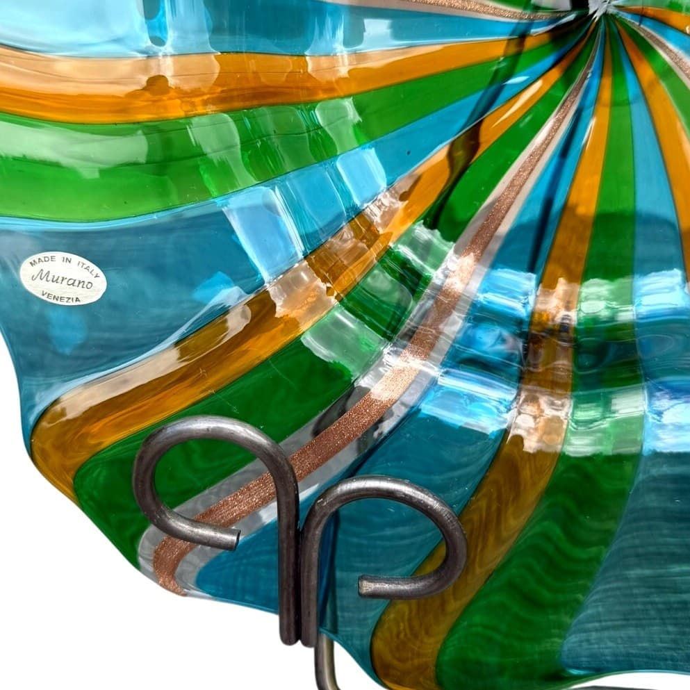 Murano Venezia Vintage ArtGlass Centerpiece Bowl Aqua Green Aventurine 14" Italy - Thumbnail 7