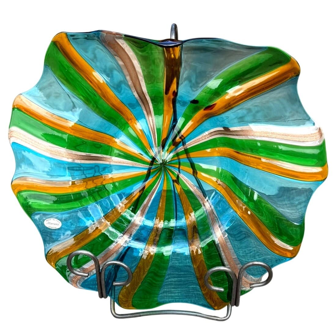 Murano Venezia Vintage ArtGlass Centerpiece Bowl Aqua Green Aventurine 14" Italy - Thumbnail 2