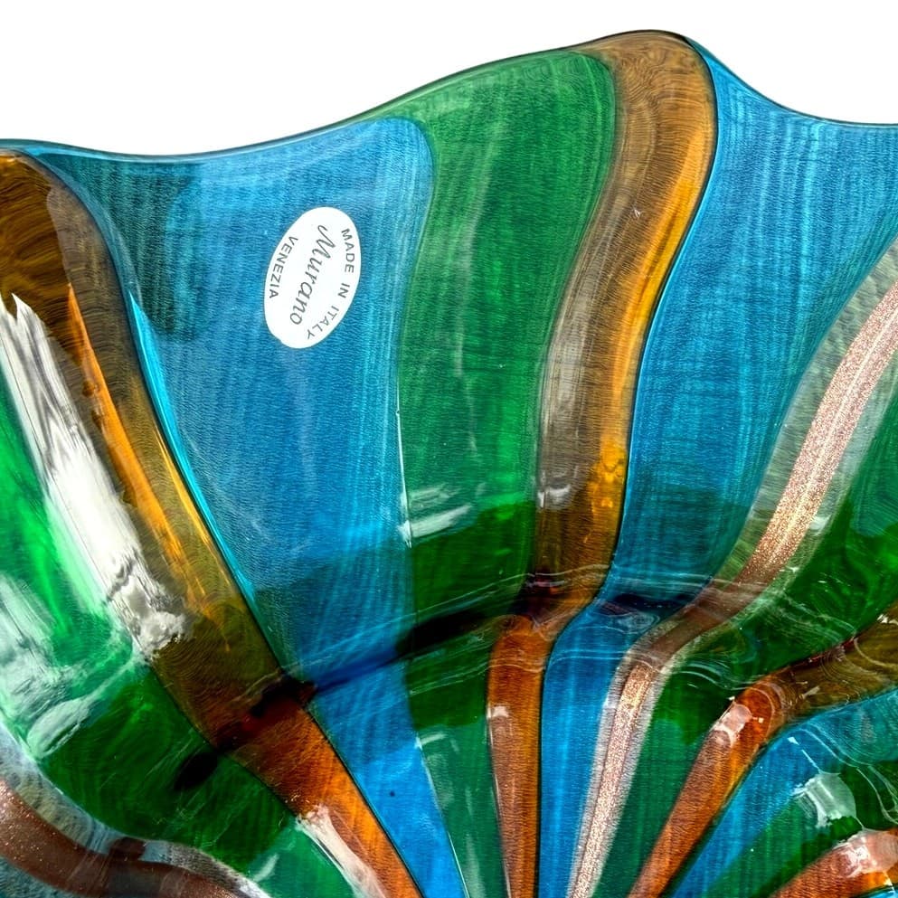 Murano Venezia Vintage ArtGlass Centerpiece Bowl Aqua Green Aventurine 14" Italy - Thumbnail 3