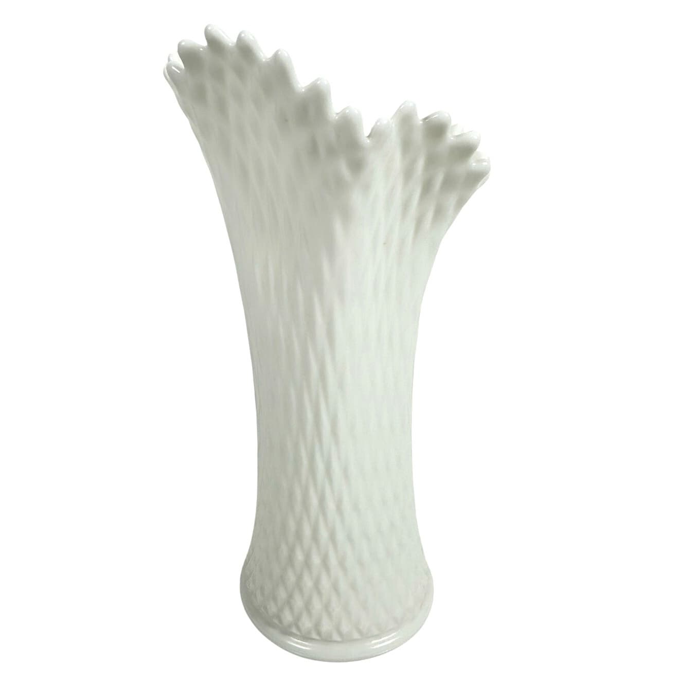 Westmoreland White Milk Glass Vintage Diamond Quilted Ruffled 12" Swung Vase - Thumbnail 4