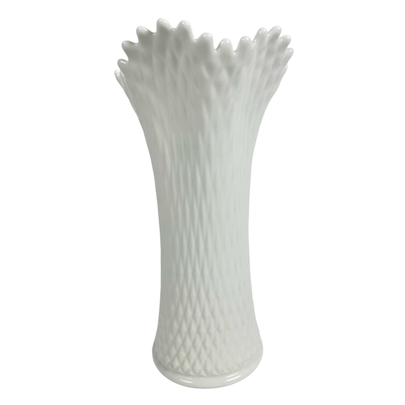 Westmoreland White Milk Glass Vintage Diamond Quilted Ruffled 12" Swung Vase - Thumbnail 3