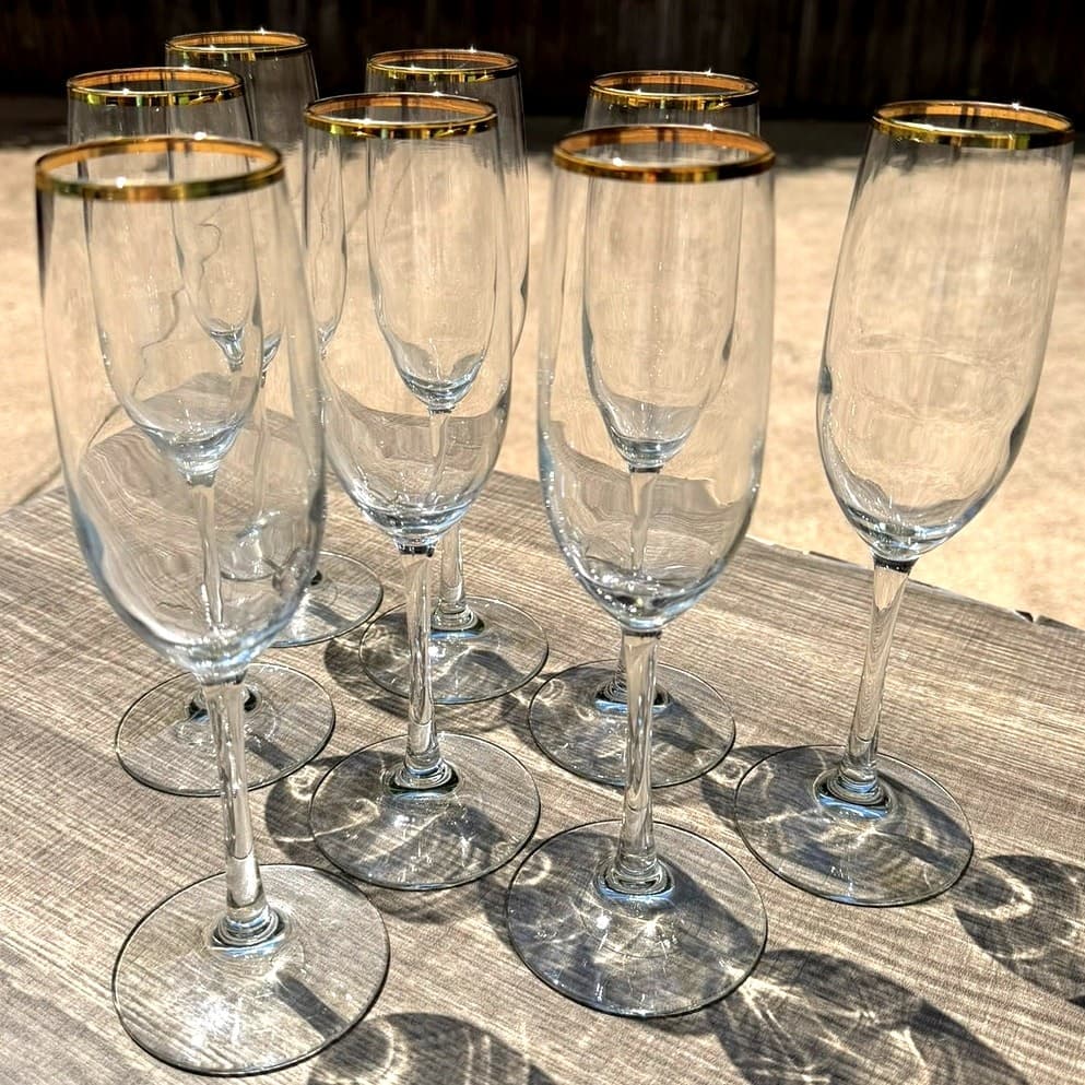 Elegant Gold Rim Champagne Flutes 9.25" Tall Vintage Toasting Glasses-Set of 8 - Thumbnail 6