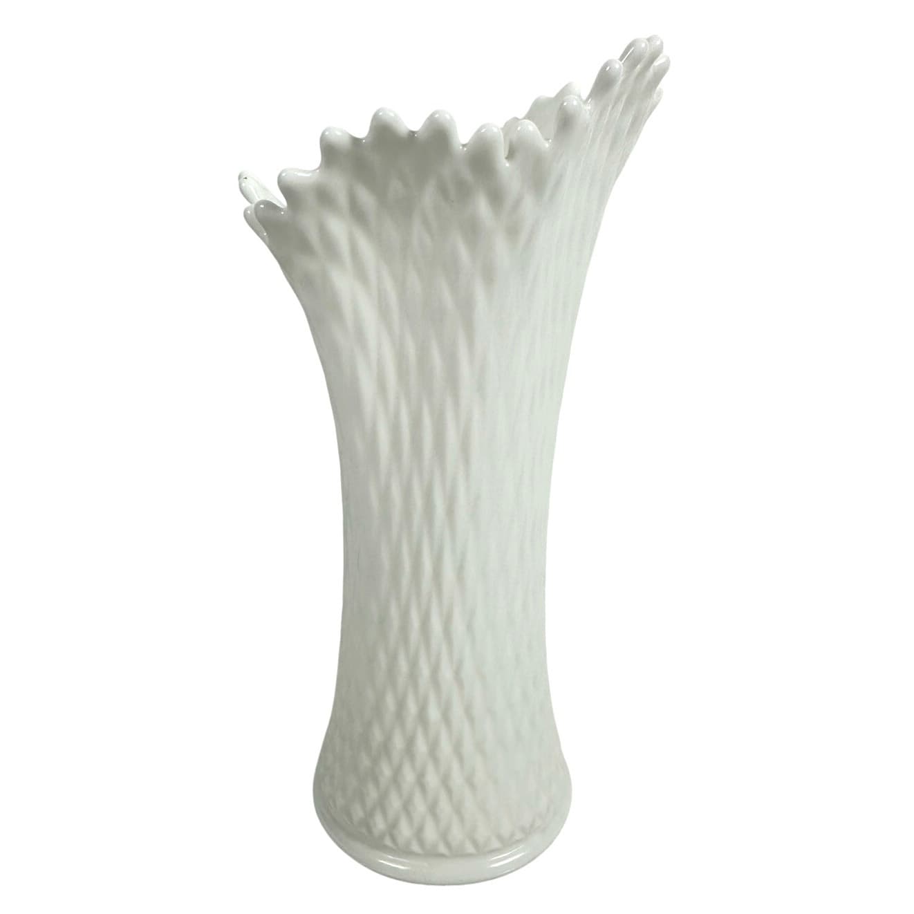 Westmoreland White Milk Glass Vintage Diamond Quilted Ruffled 12" Swung Vase - Thumbnail 2