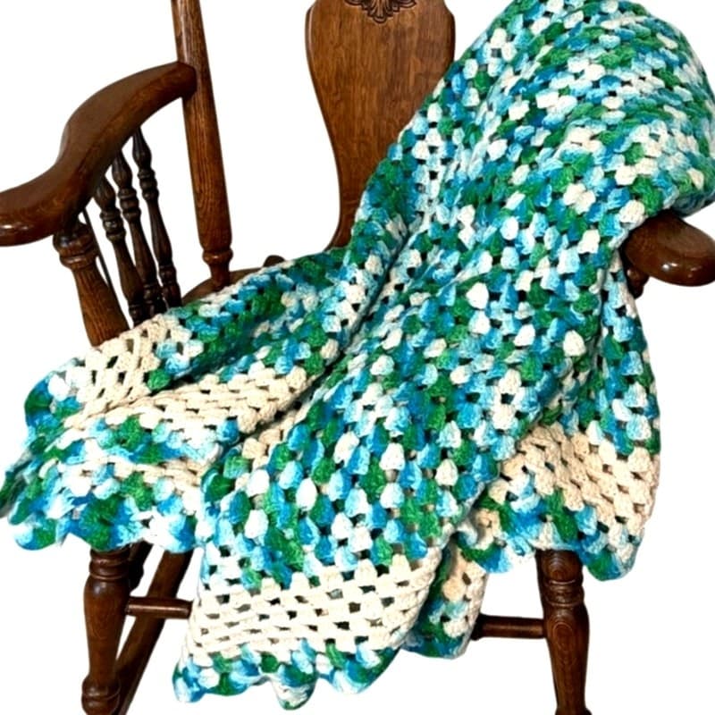 Vintage Handmade Crochet Afghan Granny Square Throw Blanket Blue Green White 71”