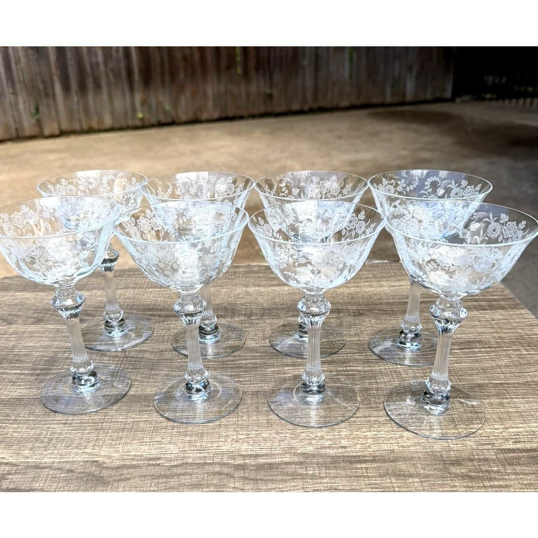 Tiffin Franciscan Cherokee Rose Etch 6" Crystal Champagne Sherbet Glass-Set of 8 - Thumbnail 3