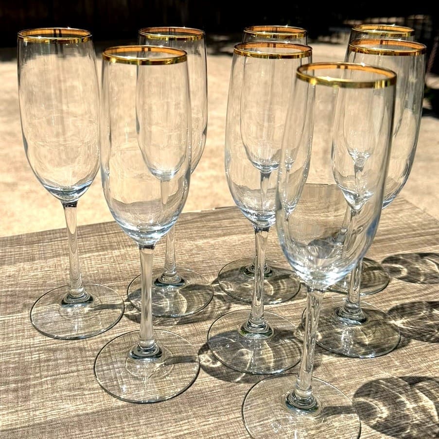Elegant Gold Rim Champagne Flutes 9.25" Tall Vintage Toasting Glasses-Set of 8 - Thumbnail 8