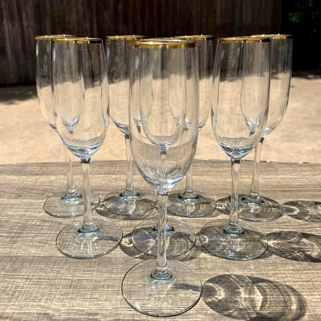 Elegant Gold Rim Champagne Flutes 9.25" Tall Vintage Toasting Glasses-Set of 8 - Thumbnail 10