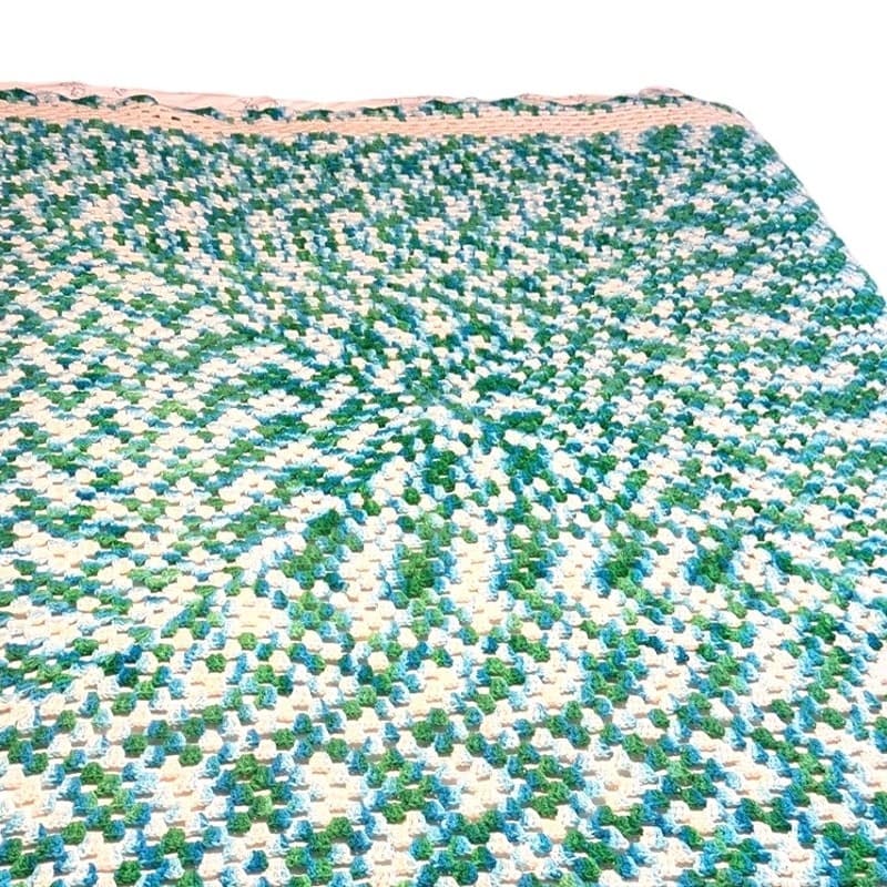 Vintage Handmade Crochet Afghan Granny Square Throw Blanket Blue Green White 71” - Thumbnail 4