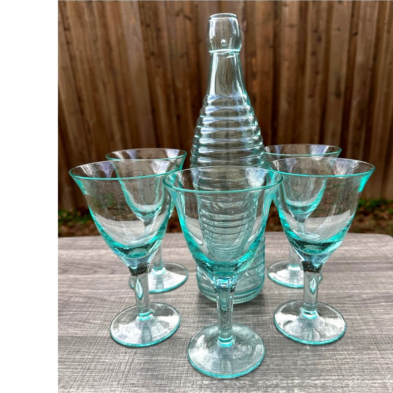 Turquoise Water Wine Goblets-Set of 5 with Contemporary Ribbed Serving Bottle - Thumbnail 3
