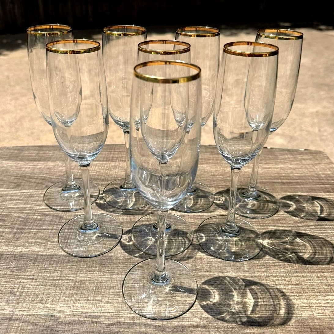 Elegant Gold Rim Champagne Flutes 9.25" Tall Vintage Toasting Glasses-Set of 8 - Thumbnail 5