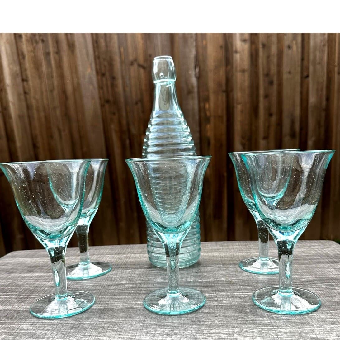 Turquoise Water Wine Goblets-Set of 5 with Contemporary Ribbed Serving Bottle - Thumbnail 5