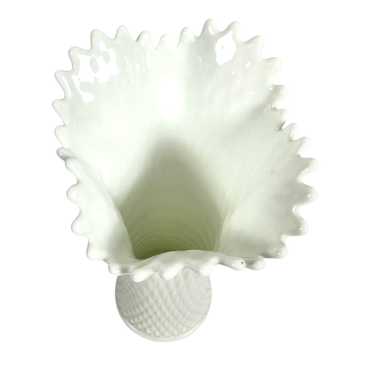 Westmoreland White Milk Glass Vintage Diamond Quilted Ruffled 12" Swung Vase - Thumbnail 5