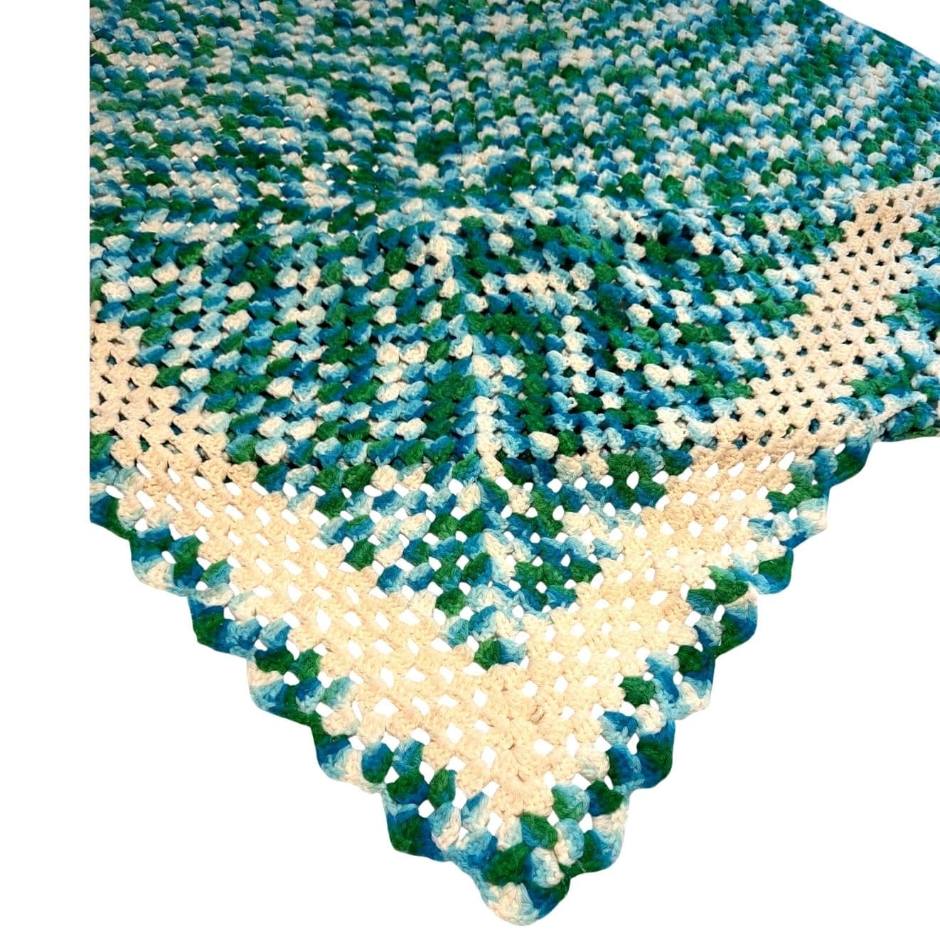 Vintage Handmade Crochet Afghan Granny Square Throw Blanket Blue Green White 71” - Thumbnail 2